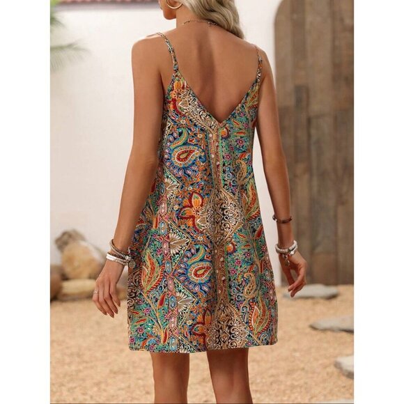 rainbow paisley cami strap v neck mini dress boho print - Picture 2 of 6